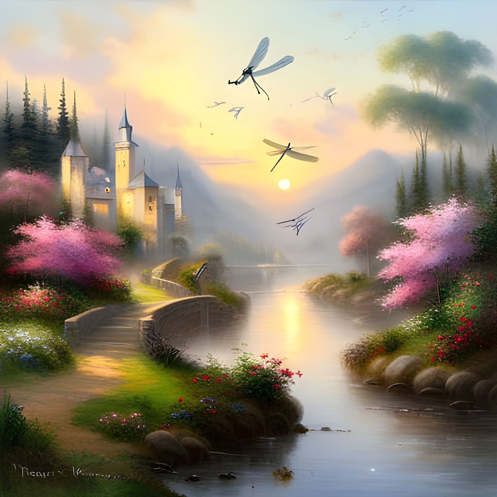Dragonflies by Lake in Ethereal Fantasy Style