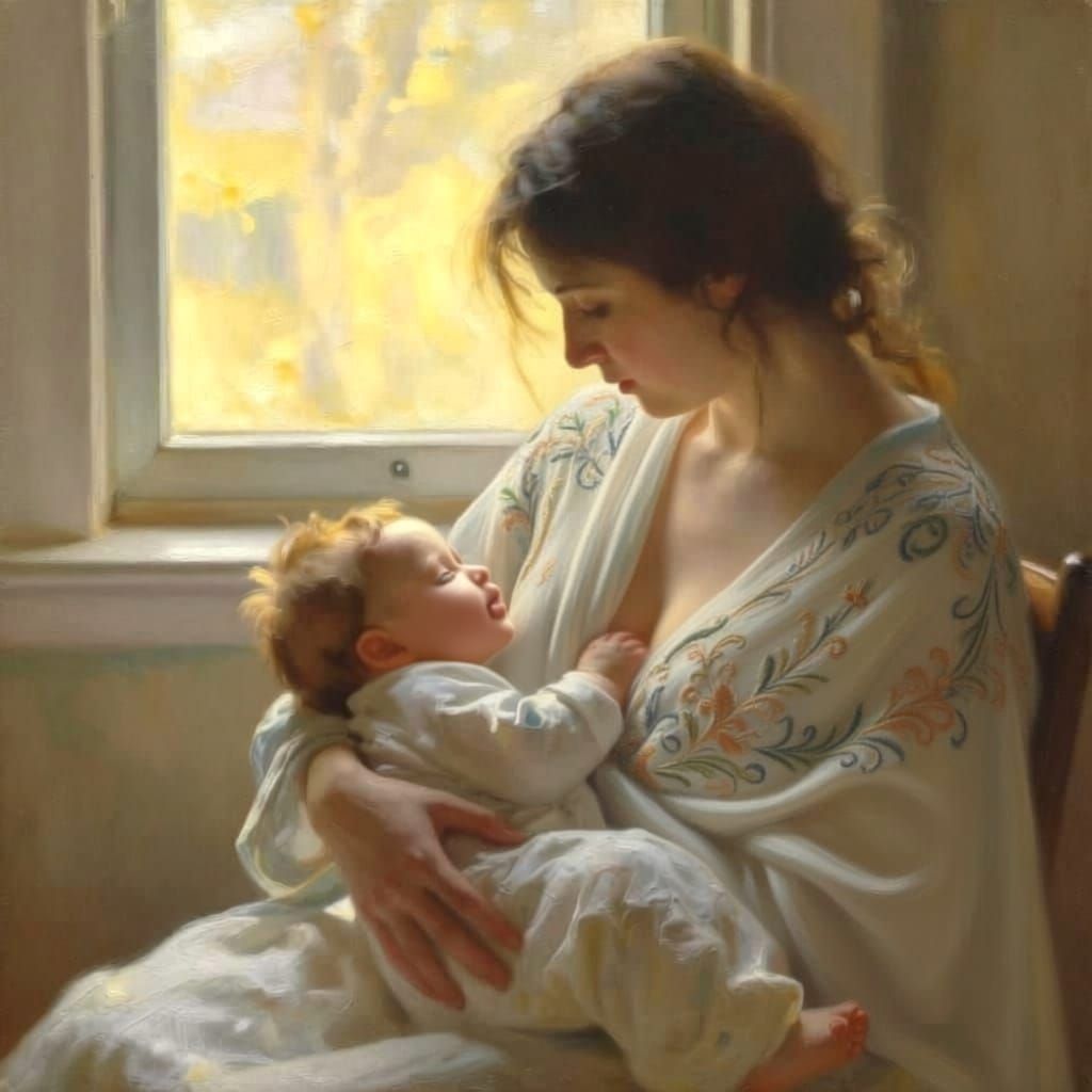 Mother Breastfeeding Newborn Baby Tenderly