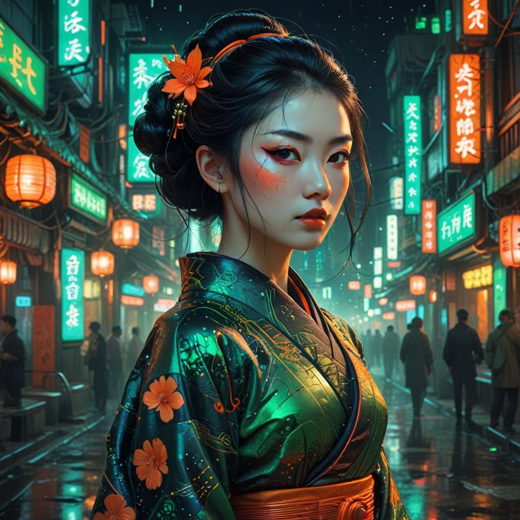 Geisha in Neon Cyberpunk Tokyo, Digital Art