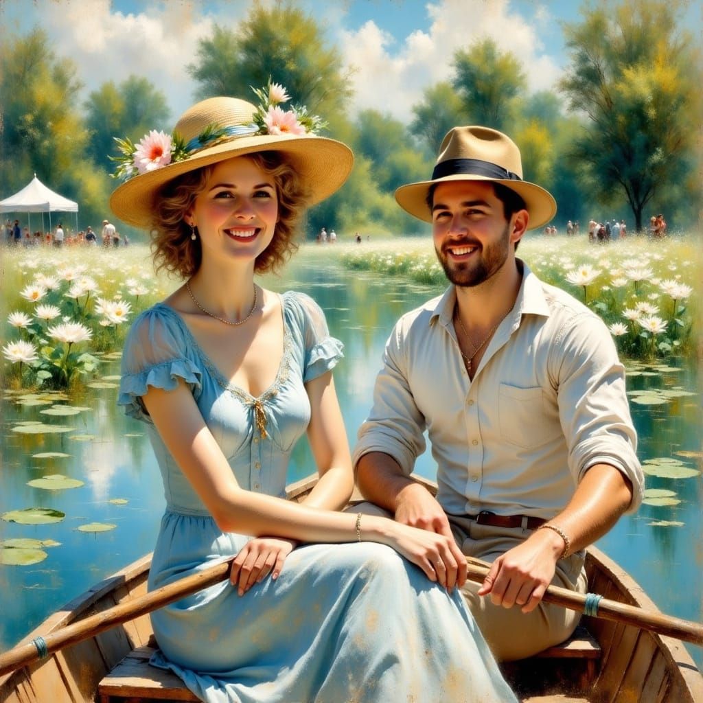 Impressionist Couple Boating on Lily Pond