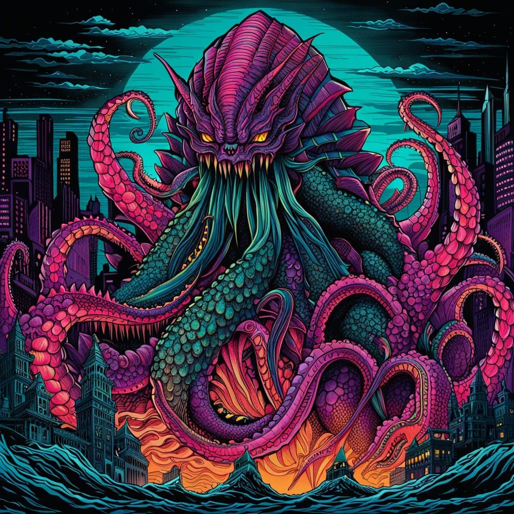 Neon Kaiju Titan in Aetherpunk Ink Drawing