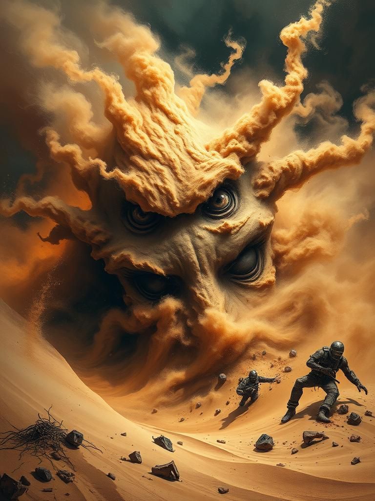 Sinister Face Emerges from Sandstorm in Surreal Style