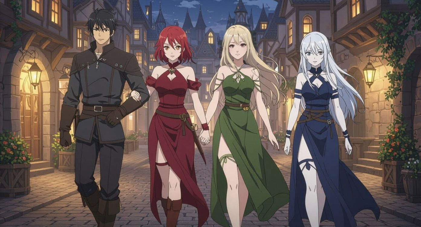 Anime-Style Fantasy Group Walking in a Noble District