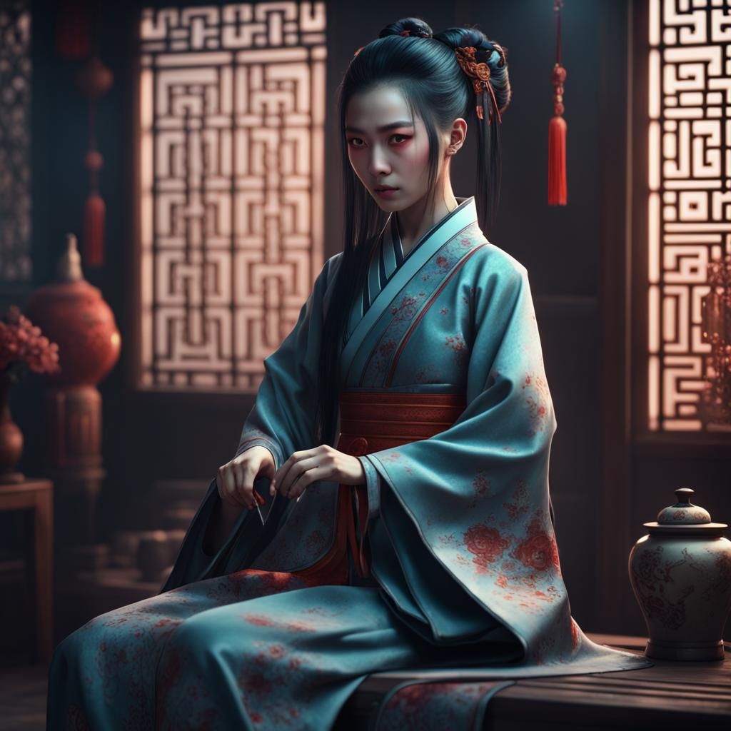 Creepy Chinese Girl Cuts Hair: Detailed Matte Painting