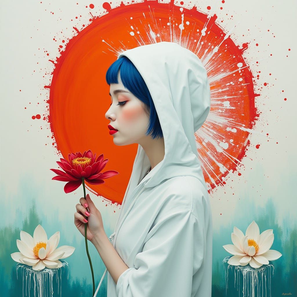 Mystical Woman in Radiant Robes Surrounded by Splattered Col...