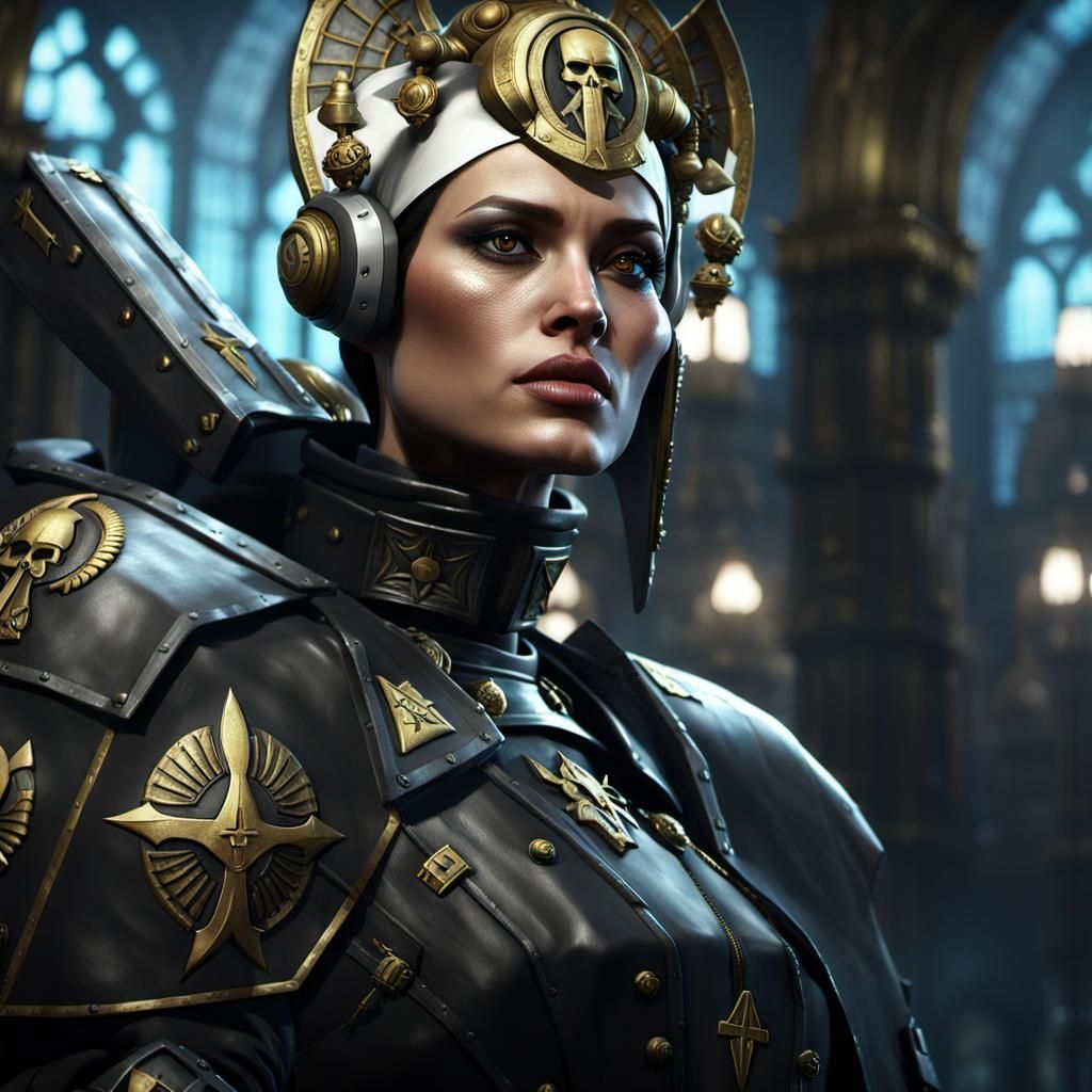 Futuristic Soldier Nun in Warhammer 40k Style