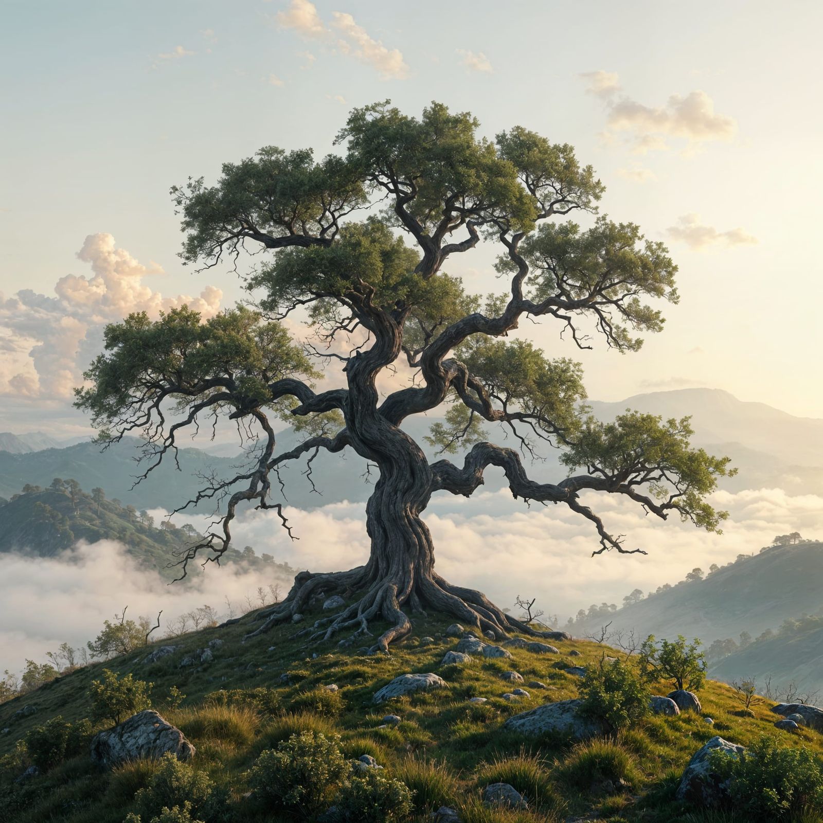 Misty Landscape with Ancient Oak in Impressionistic Style