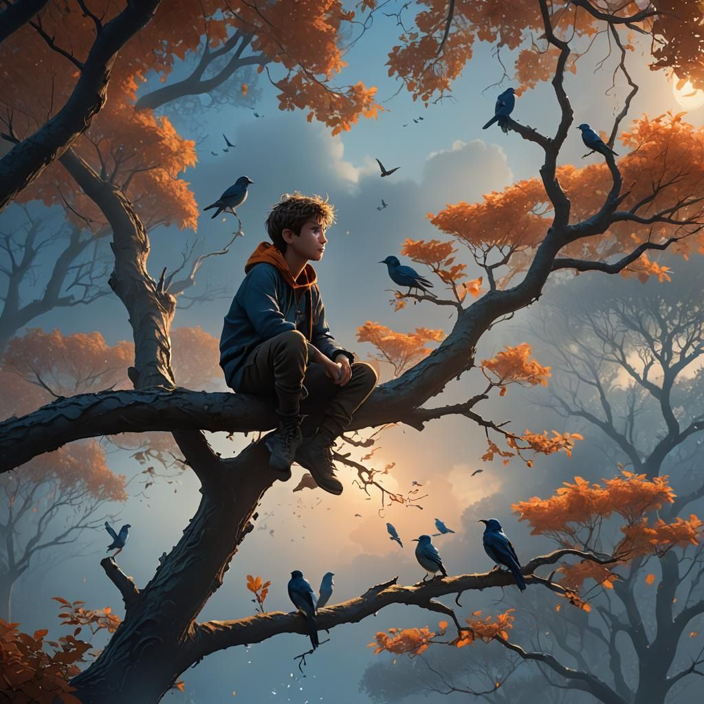 Boy Conversing with Birds in Ethereal Light