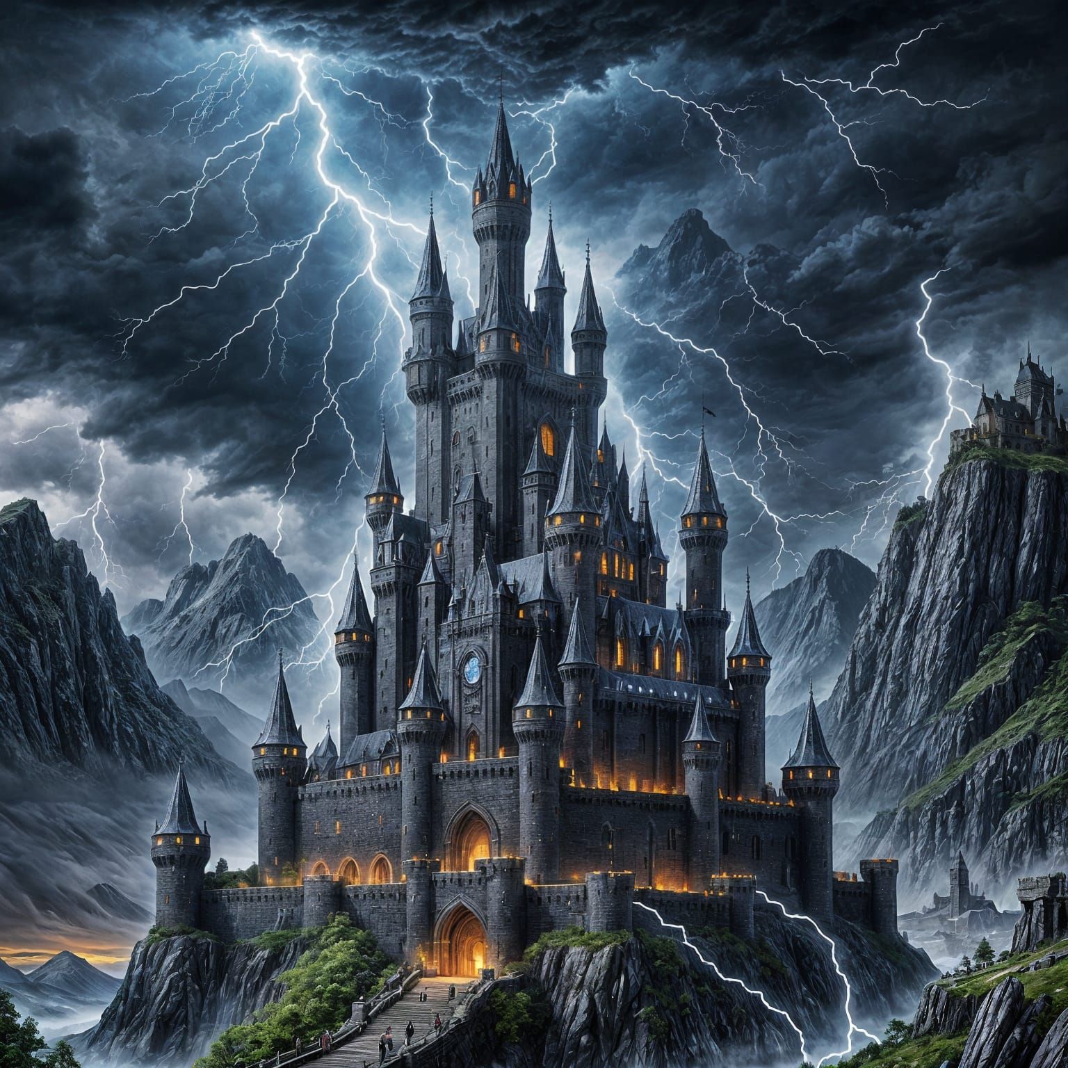 Stormy Dark Fantasy Castle with Lightning Strikes