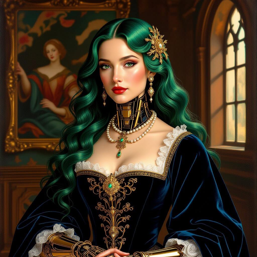 Renaissance Cyborg Aristocrat in Emerald and Sapphire