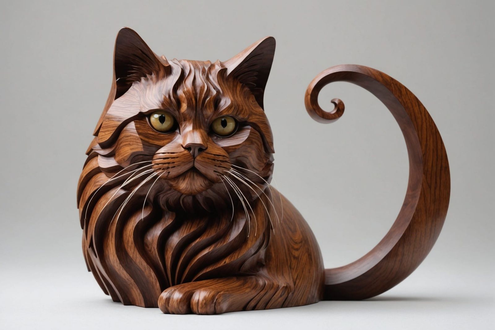 Abstract Wooden Sculpture of a Fluffy Persian Cat