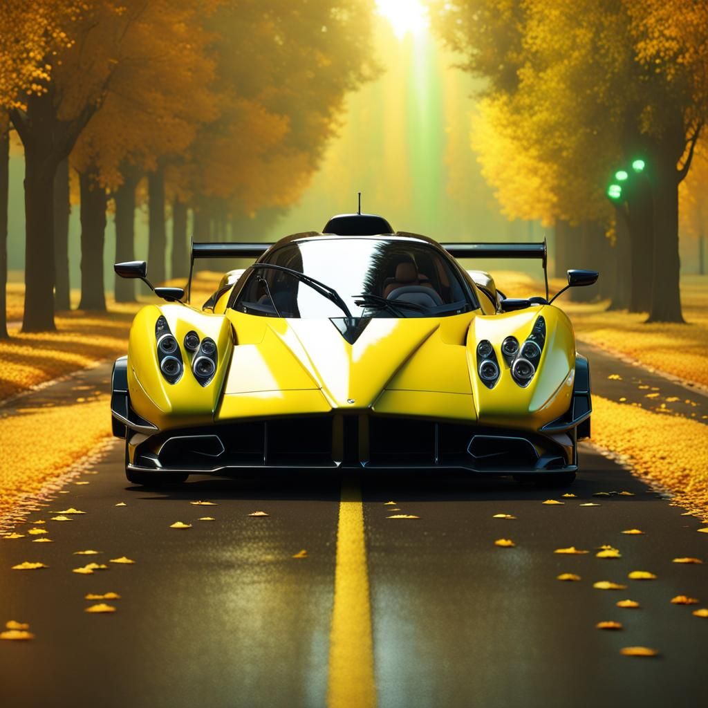 Pagani Zonda in Autumn Alley Under Aurora Borealis