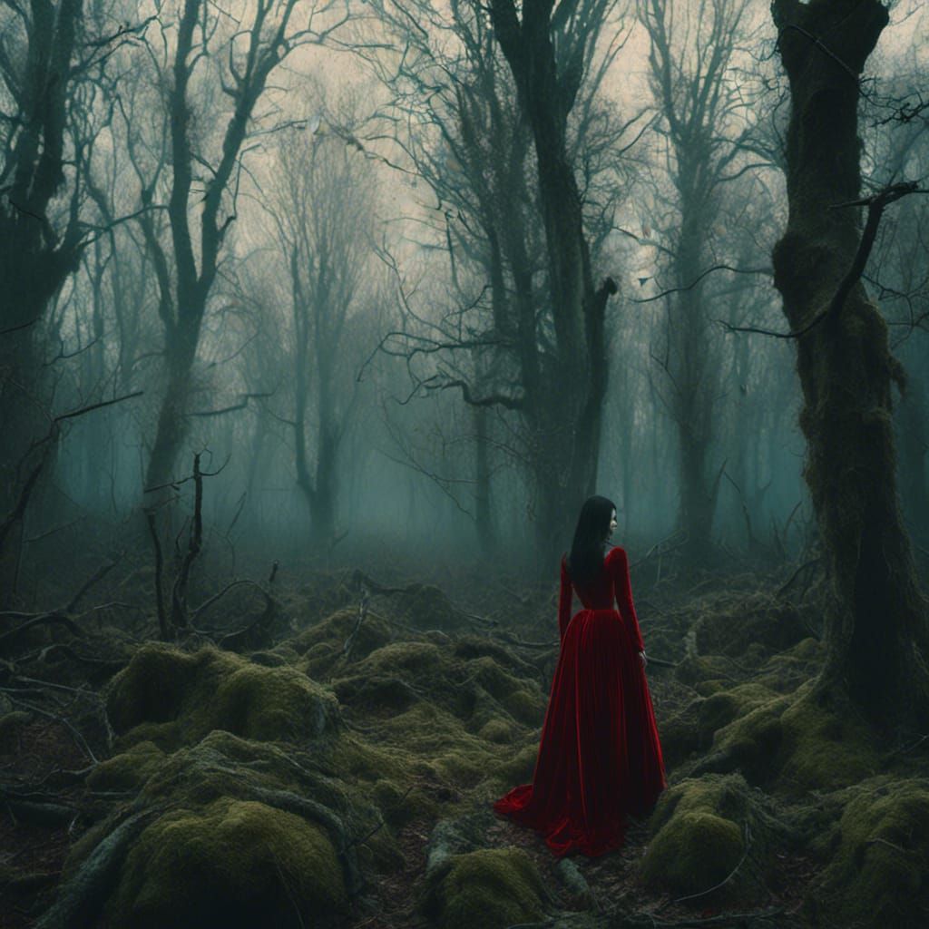 Mystical Forest with Woman in Red Dress