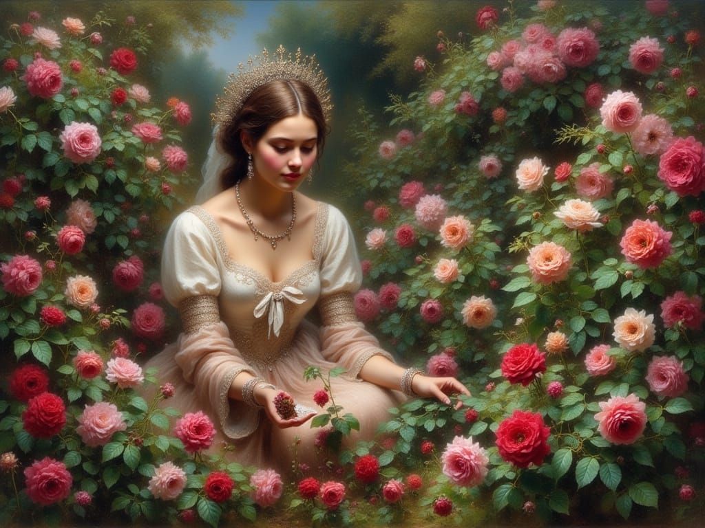 Elegant Lady Tending to a Lush Rose Garden in the Style of t...