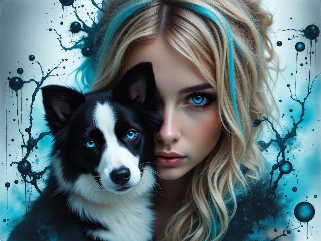 Woman Holding Border Collie with Luminous X-Ray Effect