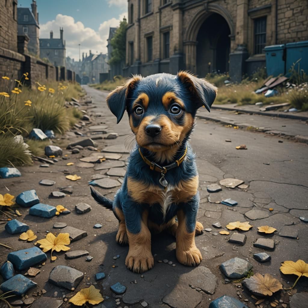 Scared Puppy with Different Eyes in London, 8K