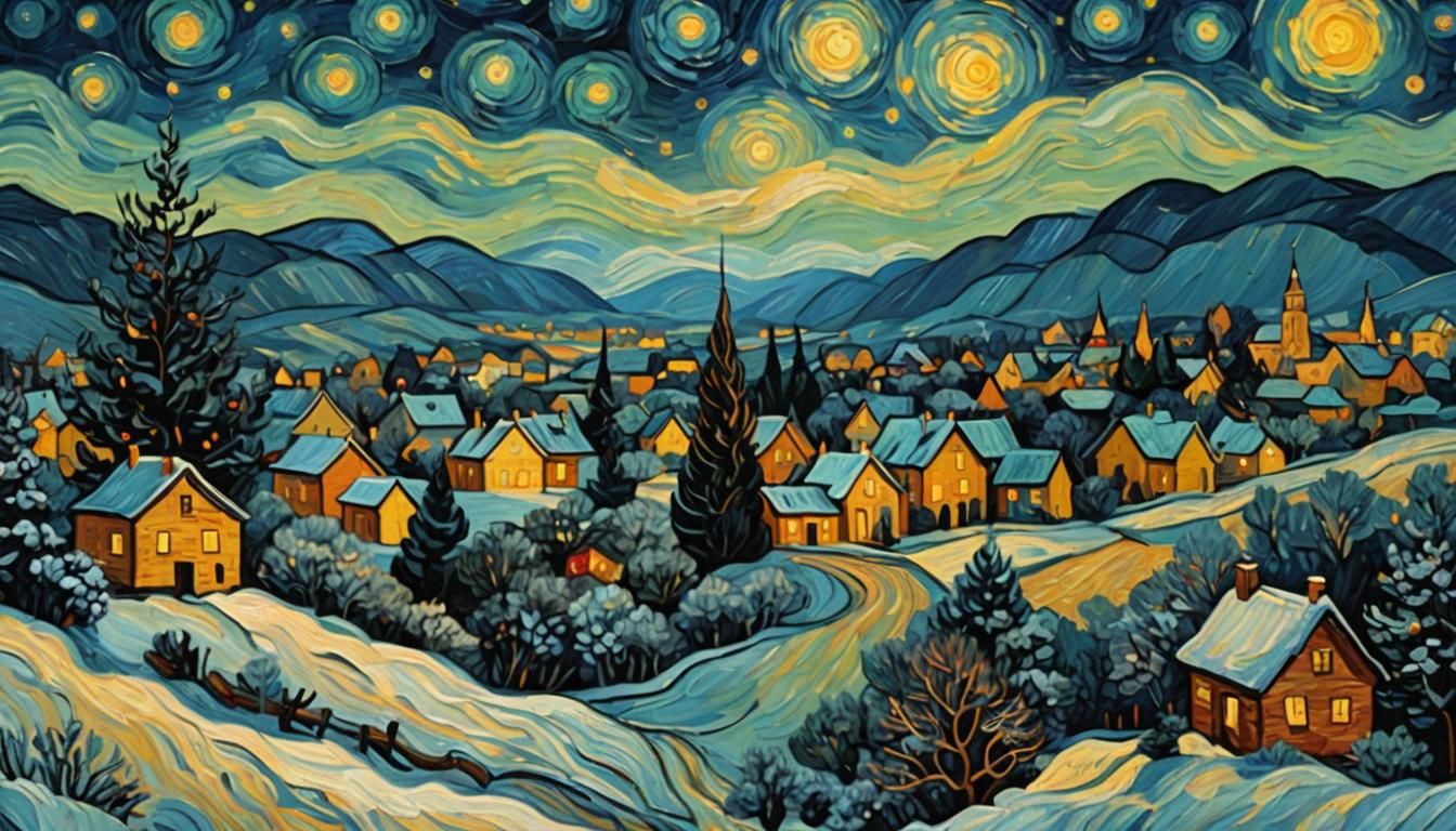 Christmas Night Landscape in Impressionist Style
