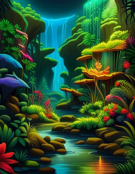 Vibrant Neon Jungle with Bioluminescent Life