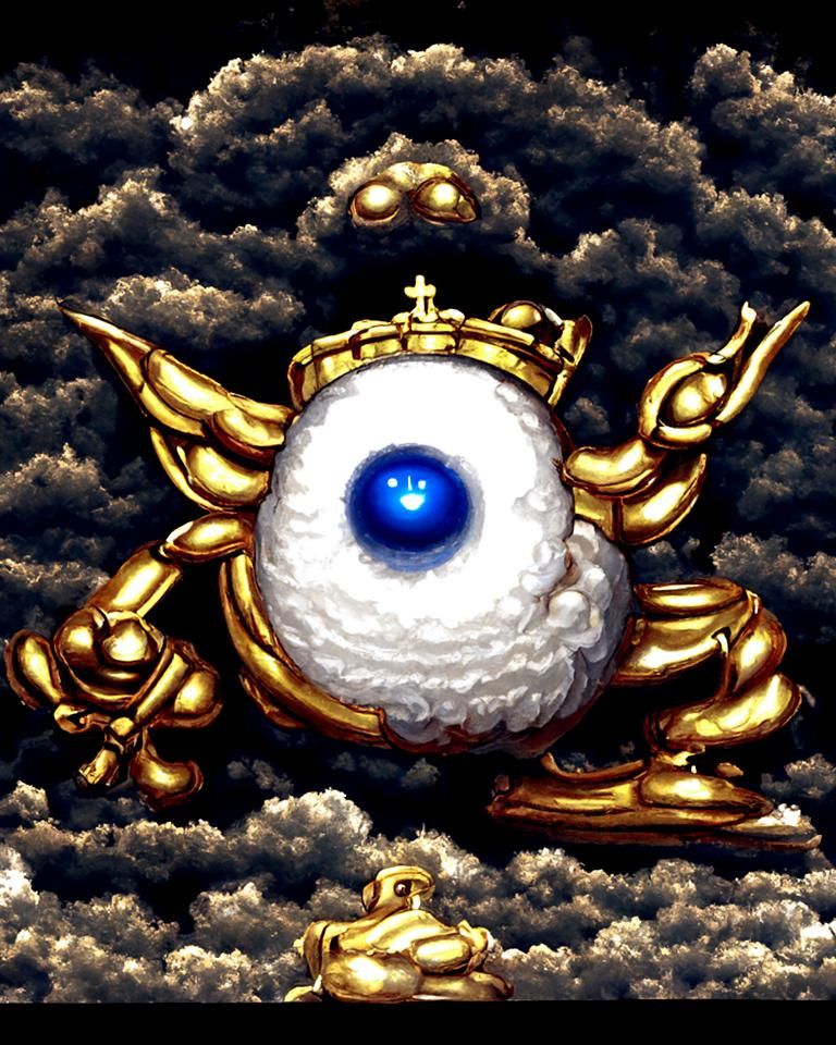 cloudy eyeball deity sits atop golden throne pixel graphics in the style of Shining Force