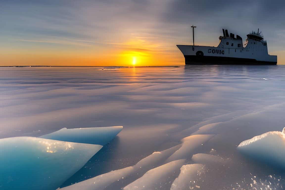 Hyperrealistic Sunset at Icy Beach with Shipwreck