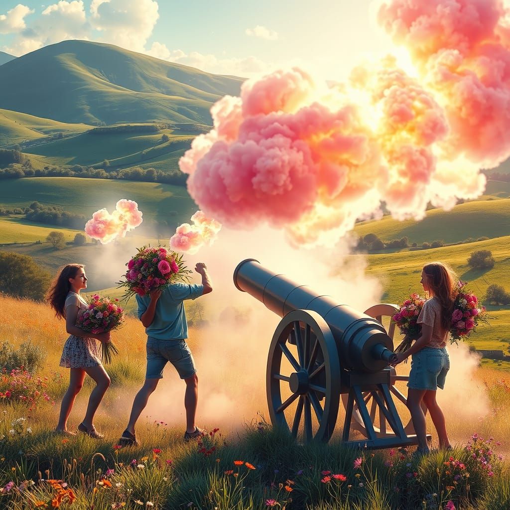 Synthwave Scene: Cannons Bursting With Flowers