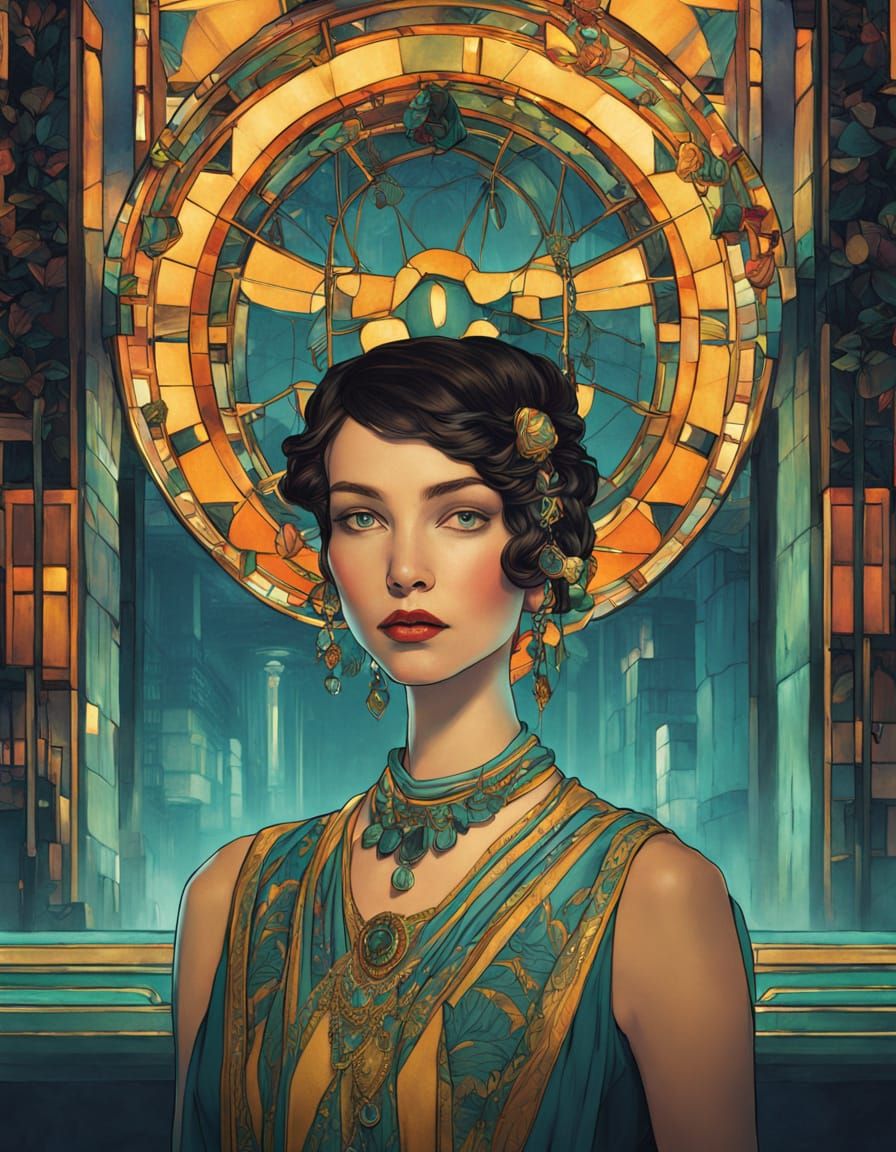 Elegant Art Deco Woman Portrait in Mucha Style