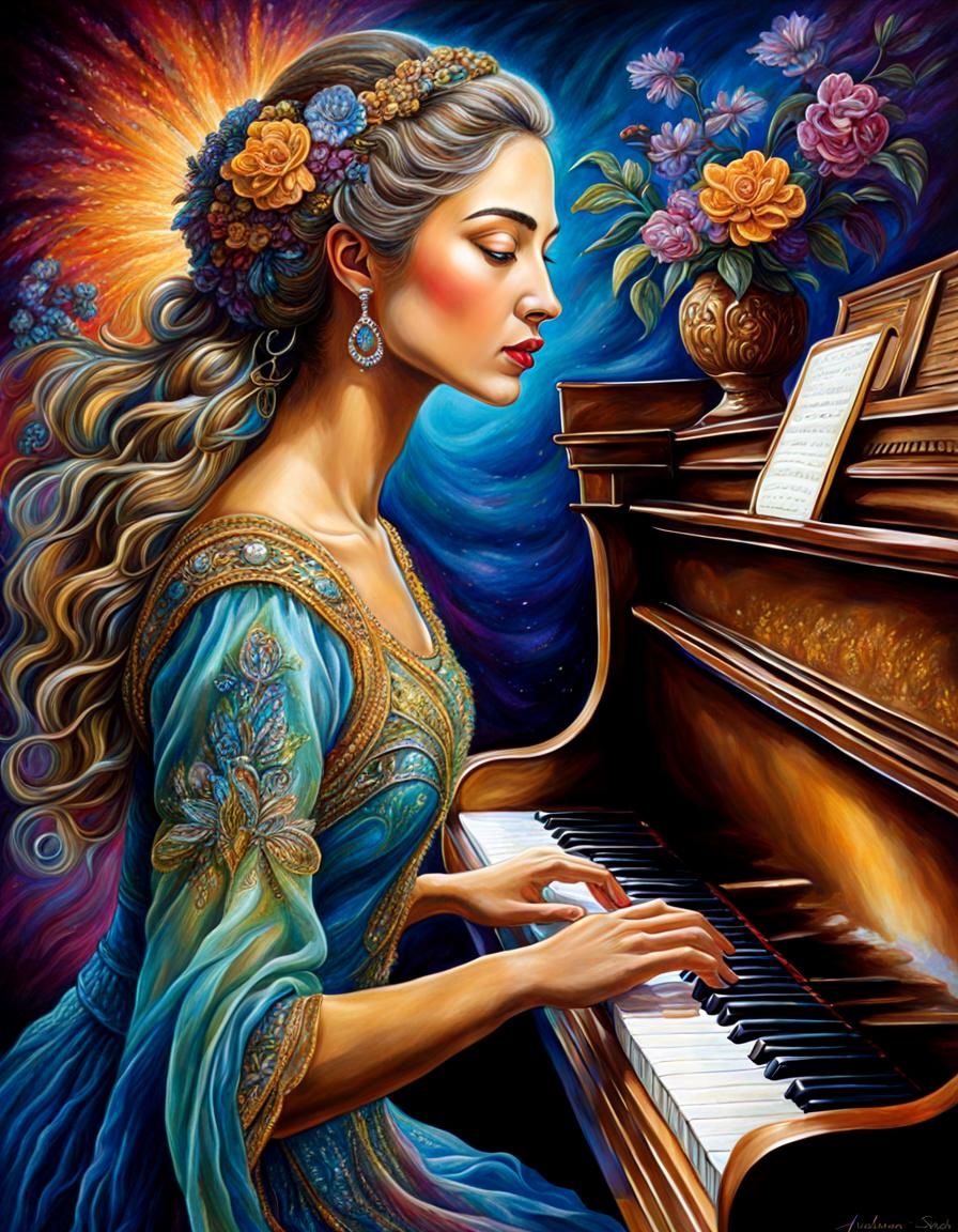 Elegant Young Pianist in Oil Painting Style