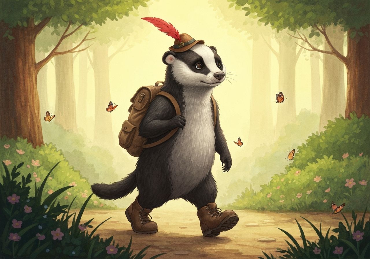 Sad Badger in Feather Hat Walks Forest Path