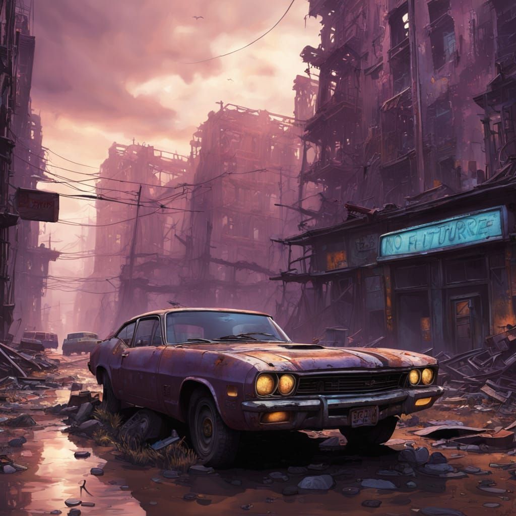 Post-Apocalyptic Cityscape with Haunting 'No Future' Graffit...