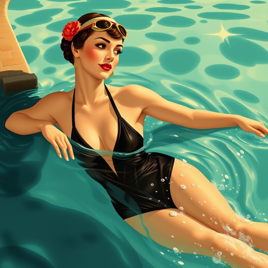 Vintage Woman Swimmer in Art Deco Pool