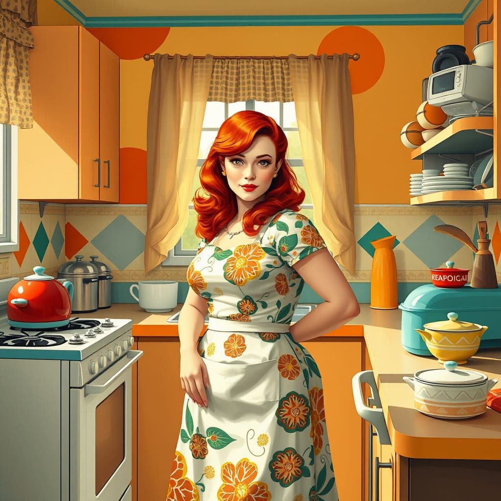 Feminine 1950s Homemaker in Vibrant Floral Dress