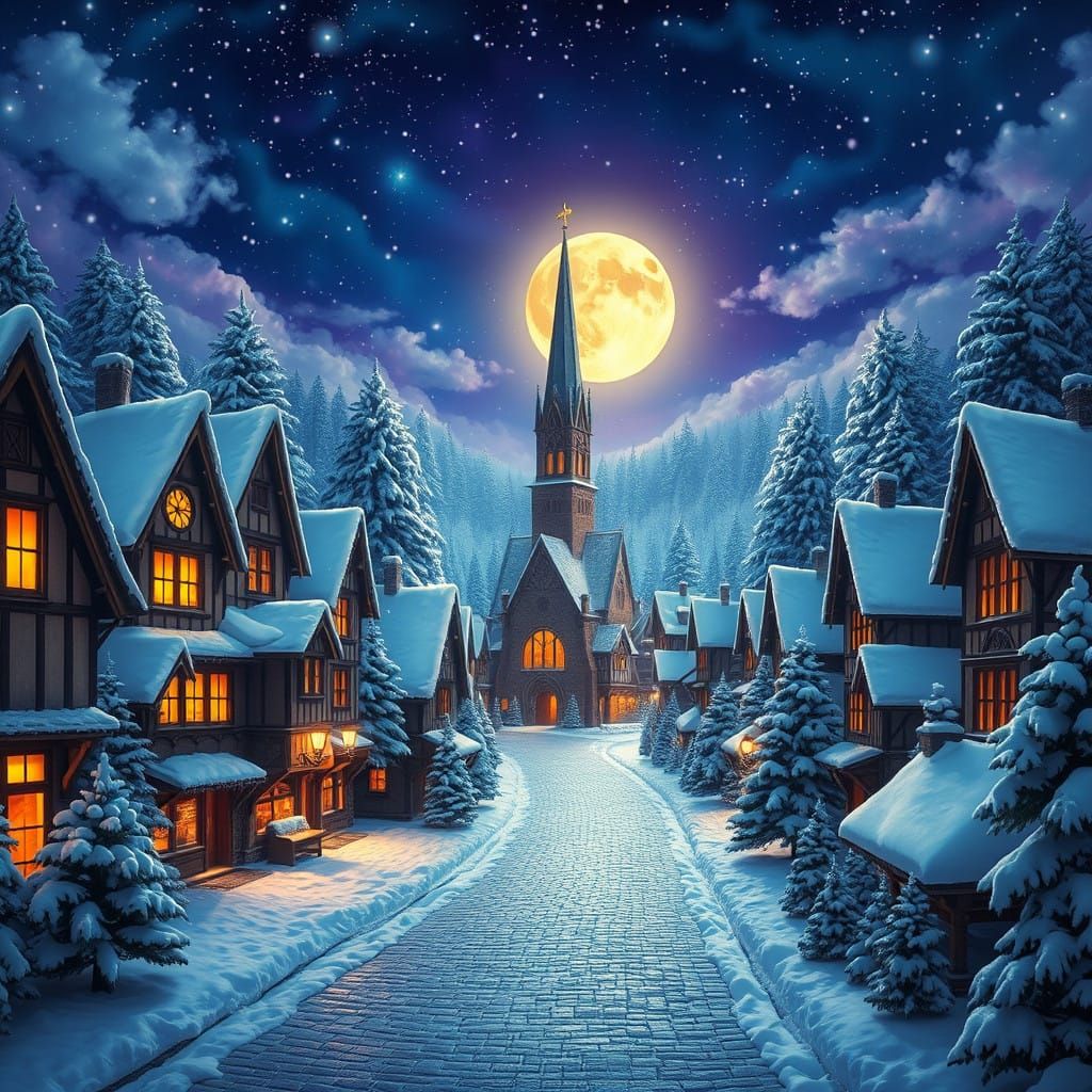 Winter Wonderland Christmas Village Under Starry Night Sky