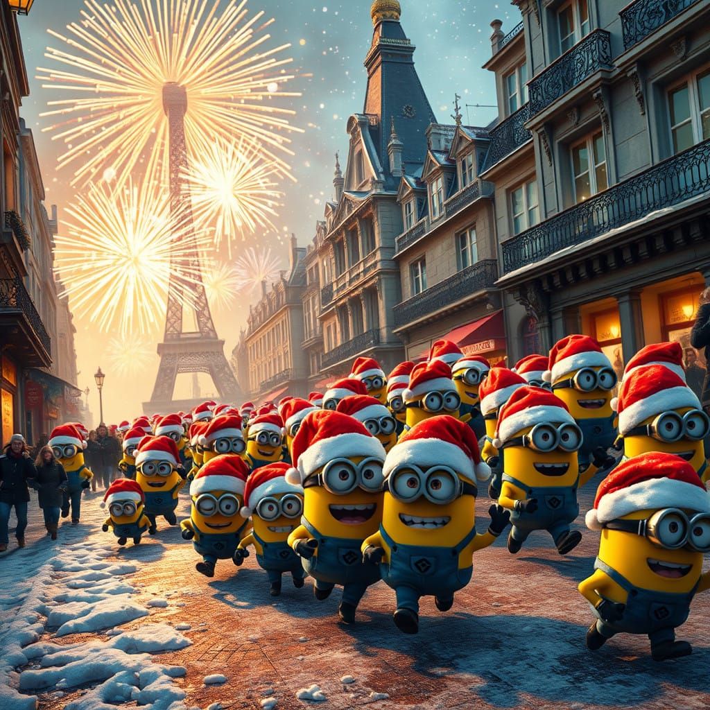 Minion Colony Chases Parisians in Vibrant Santa Hats with Ex...