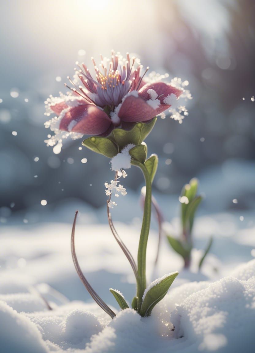 Fantasy Flower in Snow, Hyperrealistic 4K