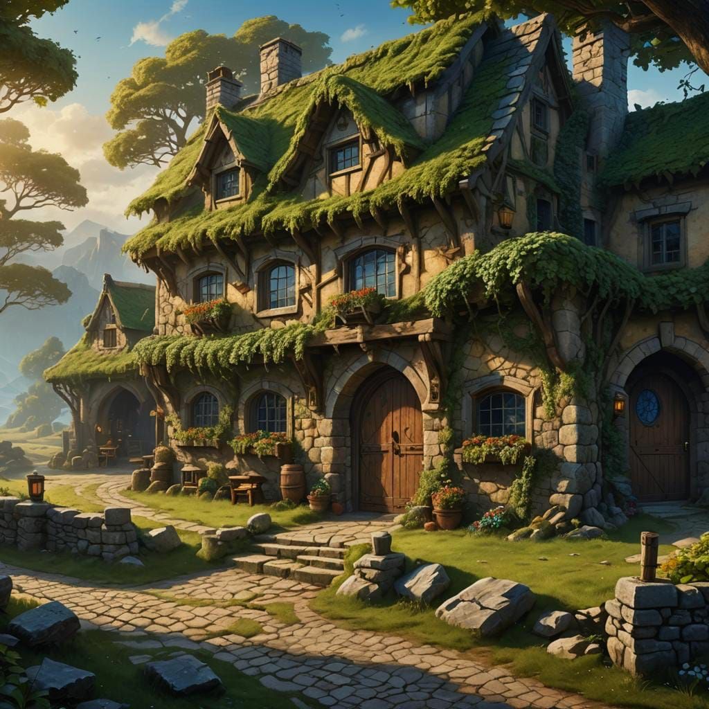 Medieval Tavern on Road in Art Nouveau Style