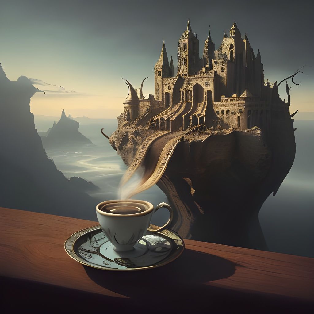Surreal Coffee Scene in Dramatic Digital Style