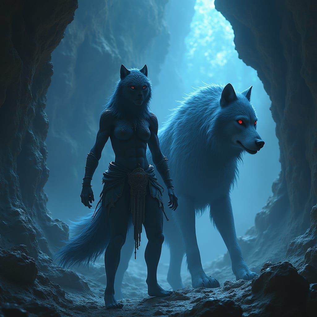 Omega Werewolf and Alpha Mate Battle in Bioluminescent Cave