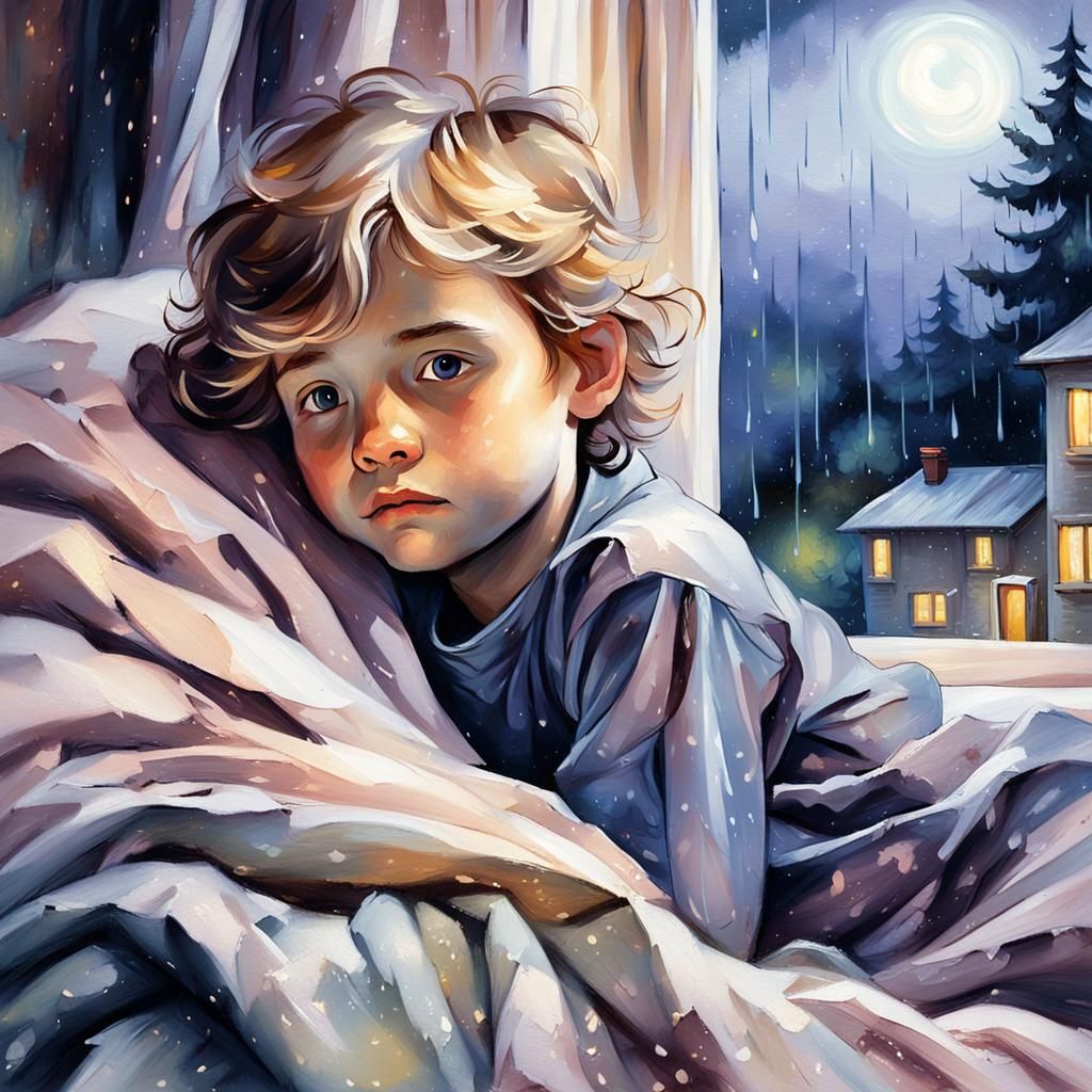 Cozy Rainy Night Impressionist Painting of a Boy
