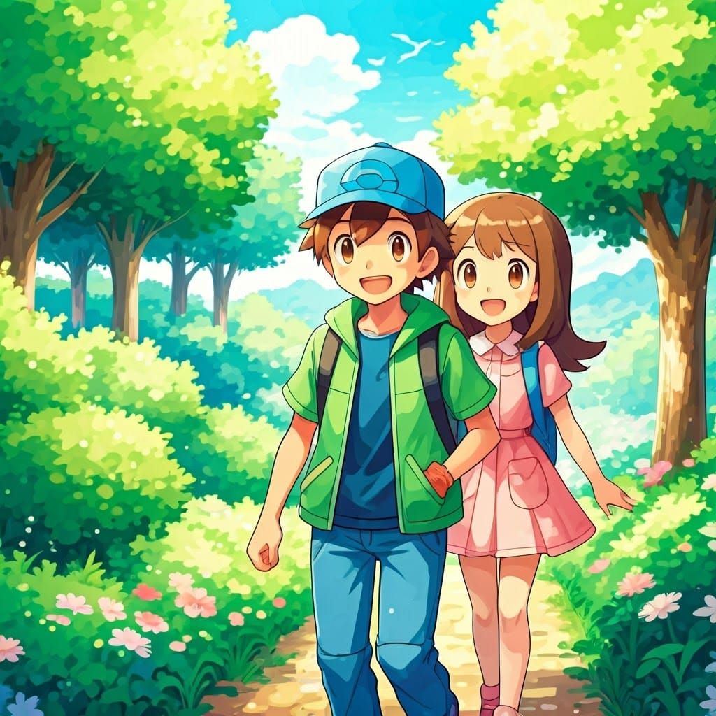 Boy and Sister in Sunny Park, Watercolor Painting