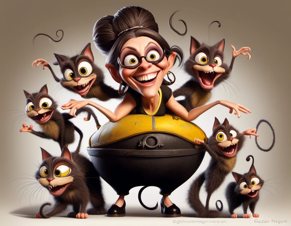 Curvy Woman Caricature with Cats in Stahl Style