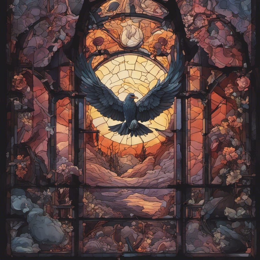 Dark Stained Glass Window with Ravens and Skulls