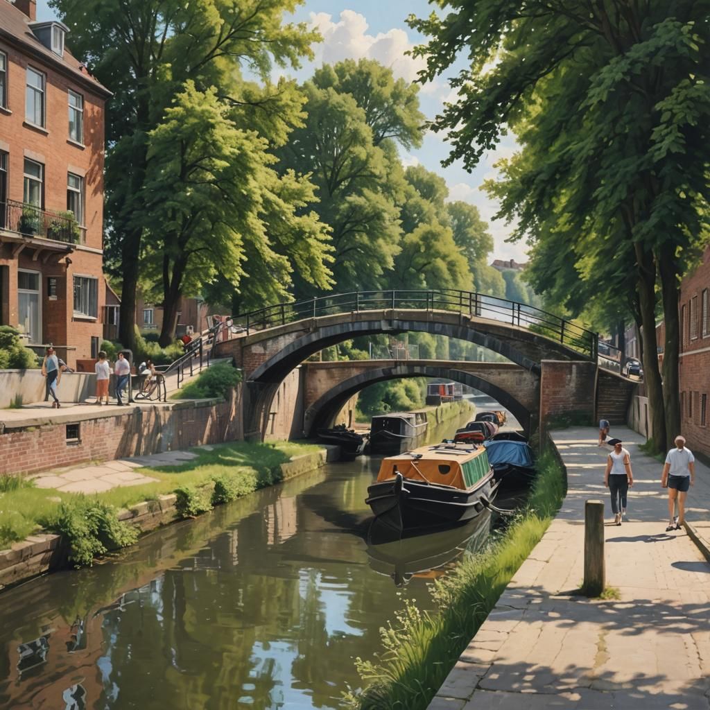 Idyllic Canal Scene with Bridge and Barges