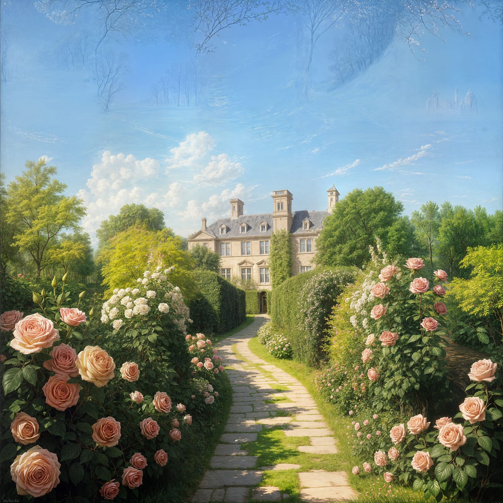 Romantic Garden Path to Sandstone Mansion Oil Painting