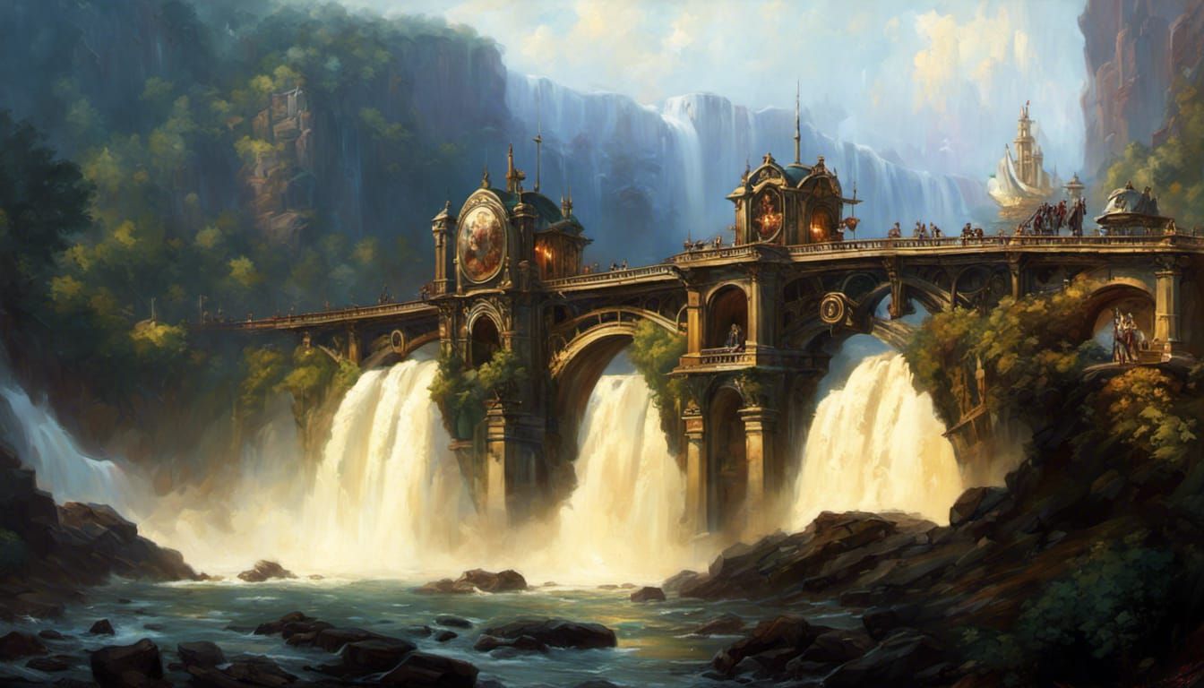 Steampunk Bridge Over Epic Waterfall in Fantasy Style