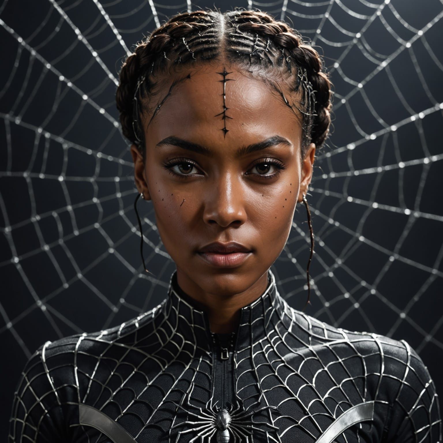 Striking Woman Portrait with Spiderweb Markings & Braids