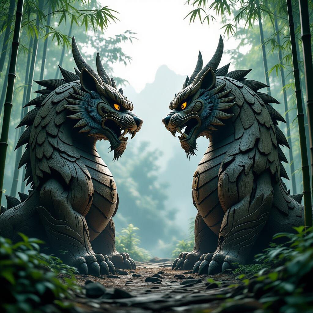 Dragon and Tiger Sculptures in Misty Forest