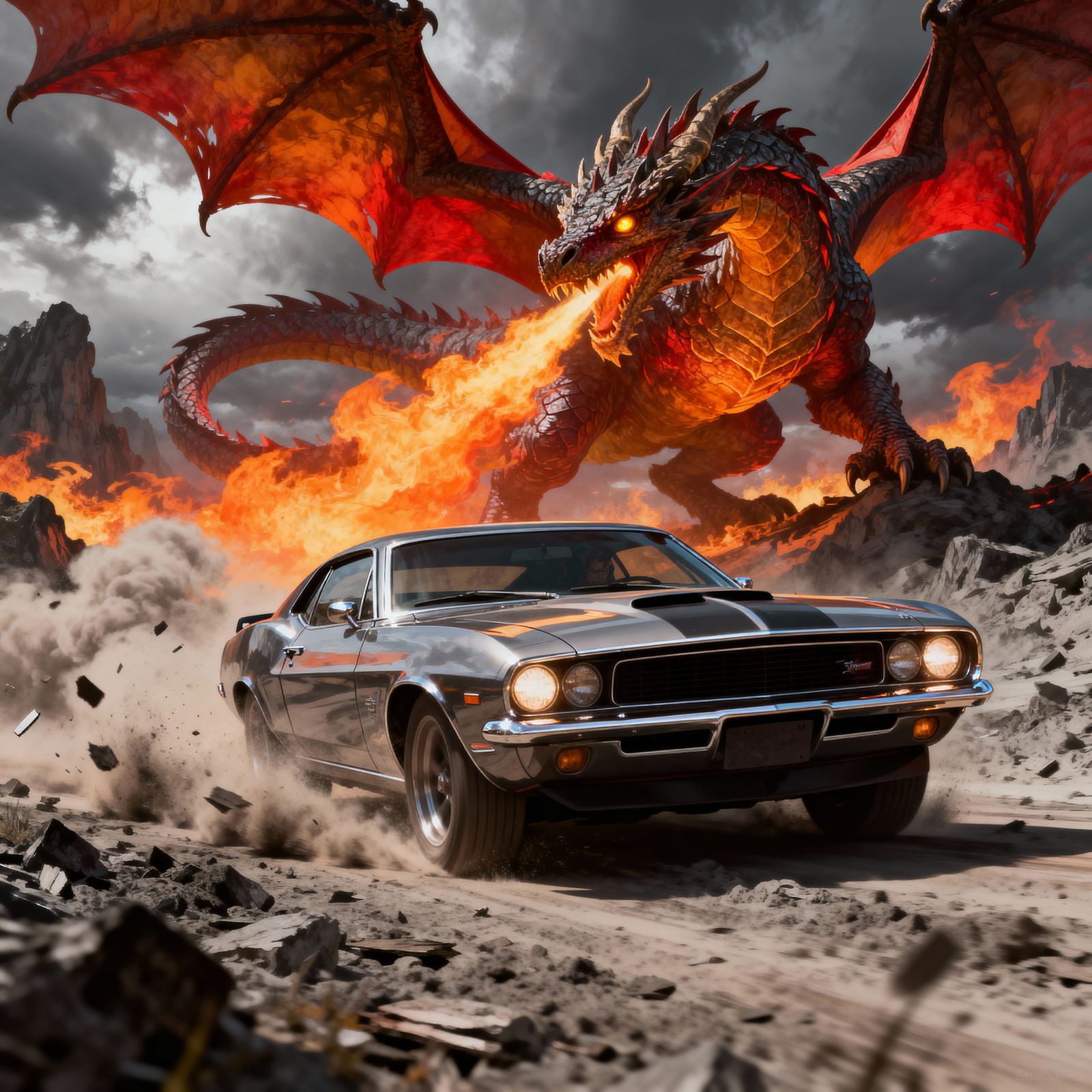 Muscle Car Evades Dragon in Epic Vector Art