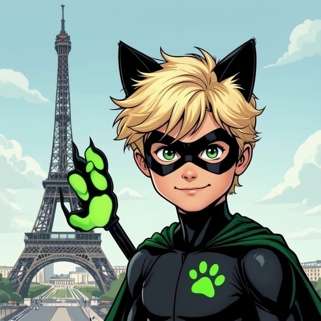 Blond Superhero Boy with Cat Paws in Paris