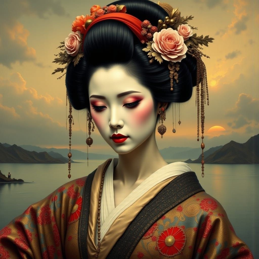 Geisha Mourning by the Sea: Romantic Figurative Art