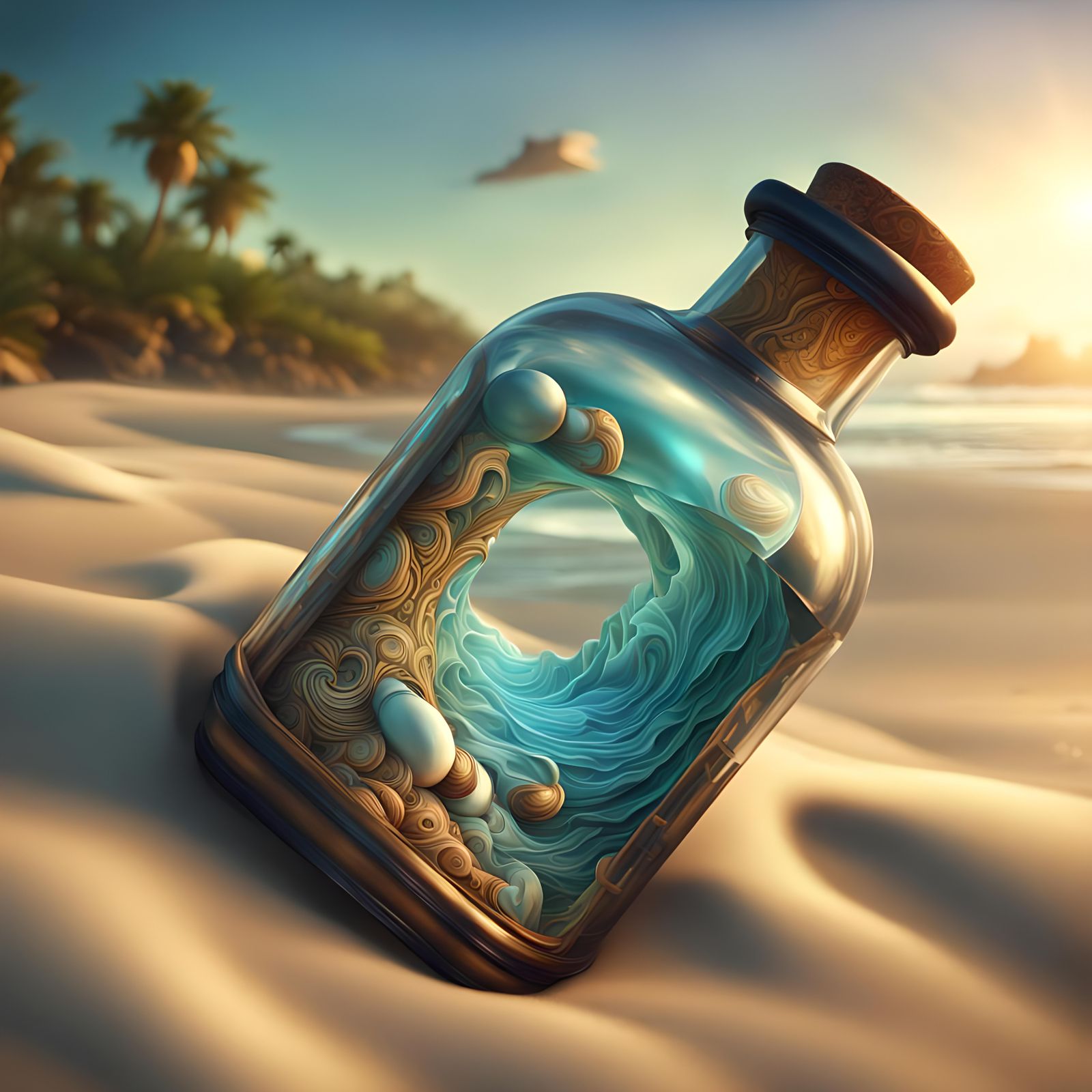 Message in a Bottle: Detailed Fantasy Beach Art